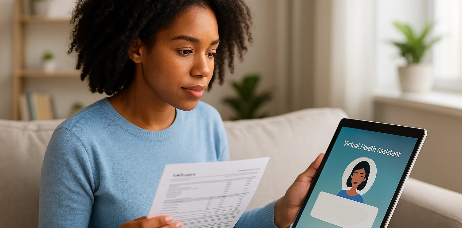 Woman reviewing lab results with digital assistant