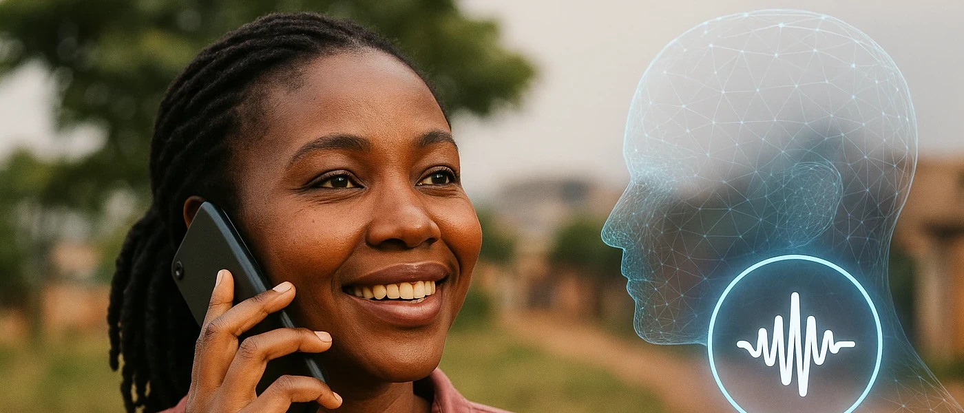 African woman speaking to AI assistant on mobile phone